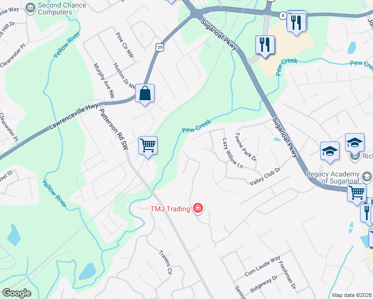 map of restaurants, bars, coffee shops, grocery stores, and more near 2447 Longmont Drive in Lawrenceville