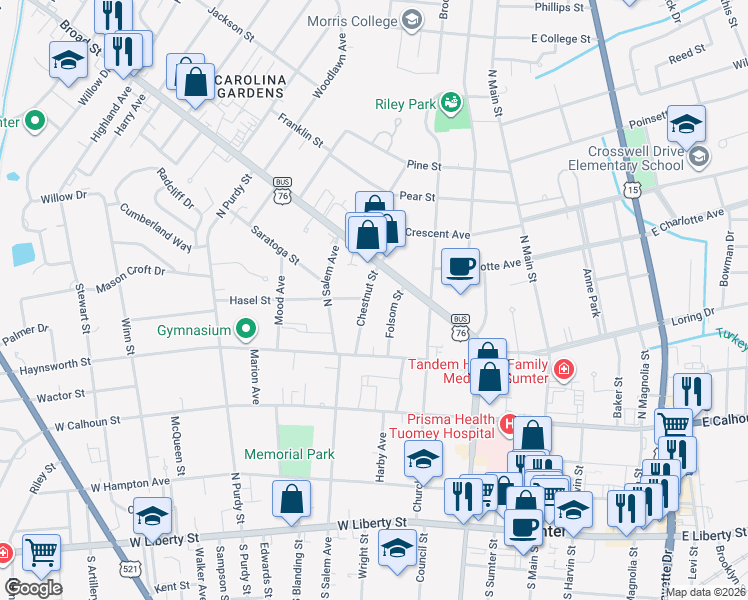 map of restaurants, bars, coffee shops, grocery stores, and more near 25 Chestnut Street in Sumter