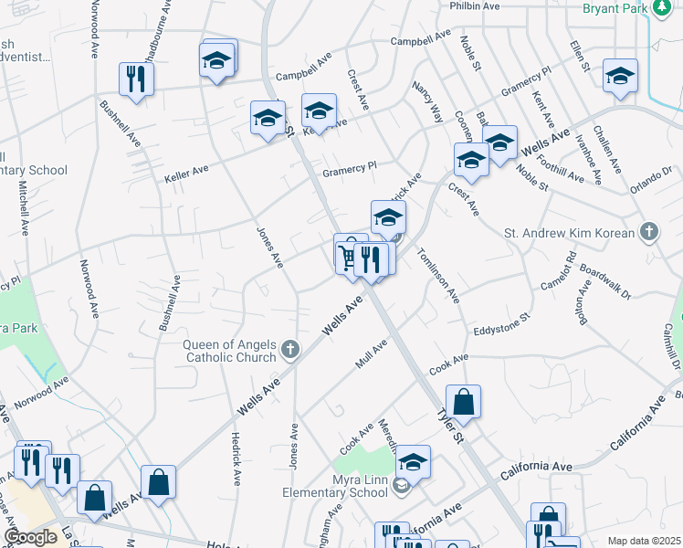 map of restaurants, bars, coffee shops, grocery stores, and more near 4935 Tyler Meadow Road in Riverside