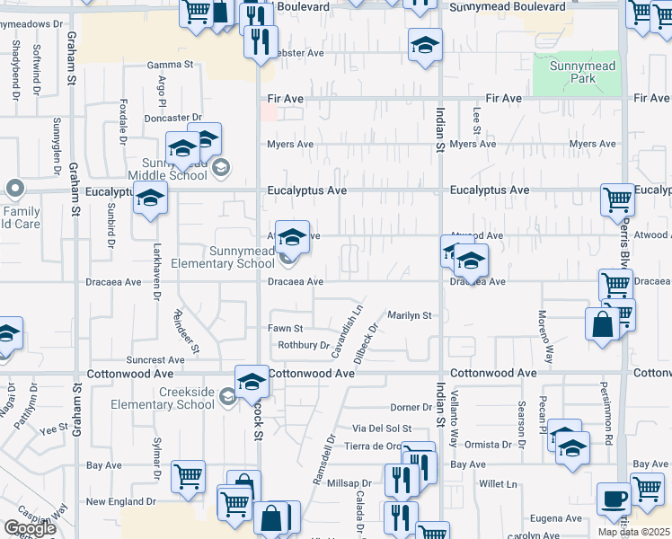 map of restaurants, bars, coffee shops, grocery stores, and more near 24210 Dracaea Avenue in Moreno Valley