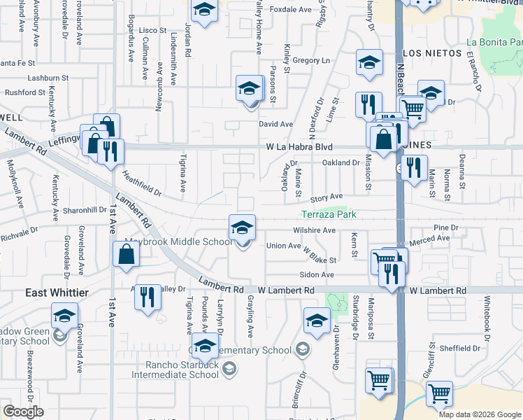 map of restaurants, bars, coffee shops, grocery stores, and more near 2640 Story Avenue in La Habra