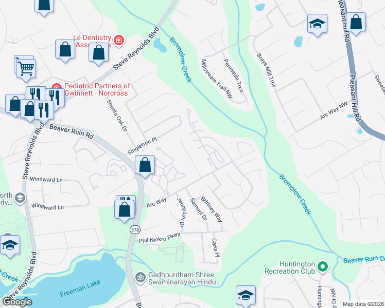 map of restaurants, bars, coffee shops, grocery stores, and more near 1271 Sweet Pine Drive in Norcross