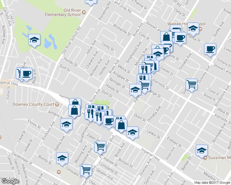 map of restaurants, bars, coffee shops, grocery stores, and more near 7862 Hondo Street in Downey