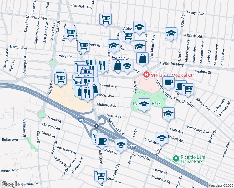 map of restaurants, bars, coffee shops, grocery stores, and more near 3543 Sanborn Avenue in Lynwood