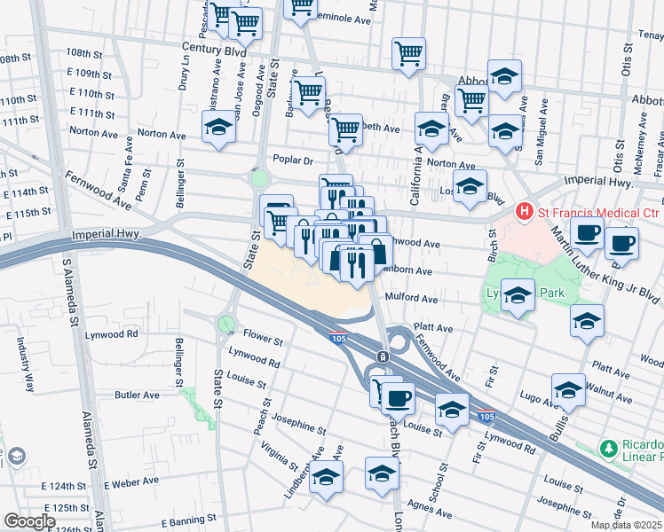 map of restaurants, bars, coffee shops, grocery stores, and more near 11245 Long Beach Boulevard in Lynwood