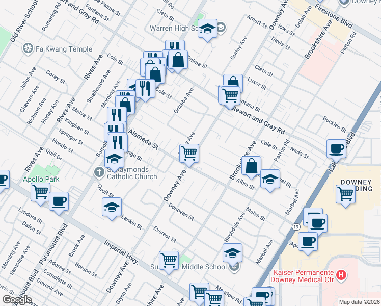 map of restaurants, bars, coffee shops, grocery stores, and more near 12135 Downey Avenue in Downey