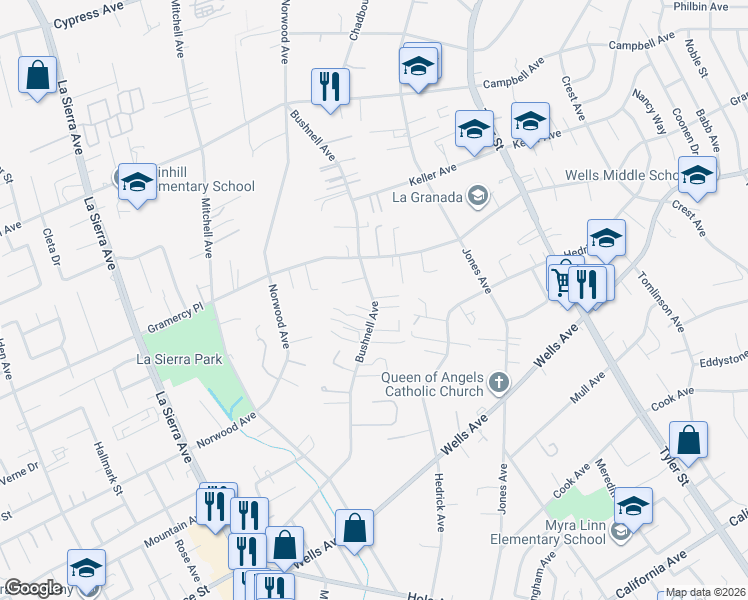 map of restaurants, bars, coffee shops, grocery stores, and more near 5221 Bushnell Avenue in Riverside