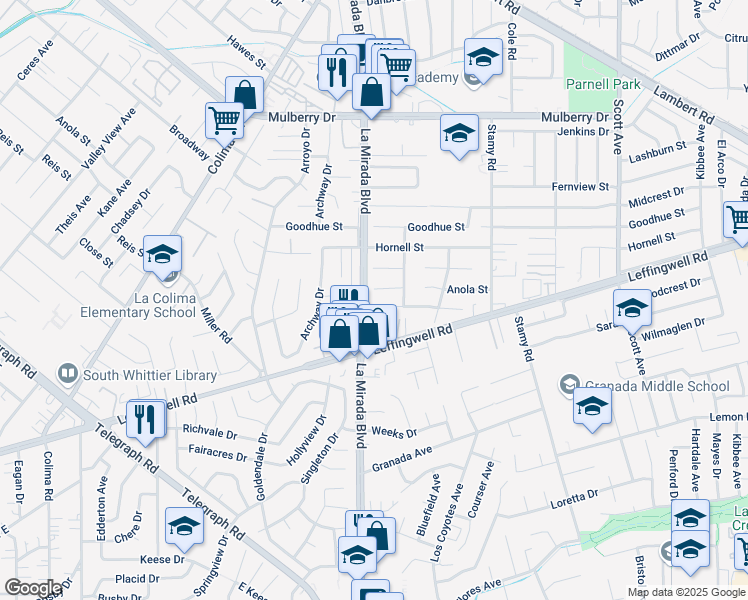 map of restaurants, bars, coffee shops, grocery stores, and more near 11240 La Mirada Boulevard in Whittier