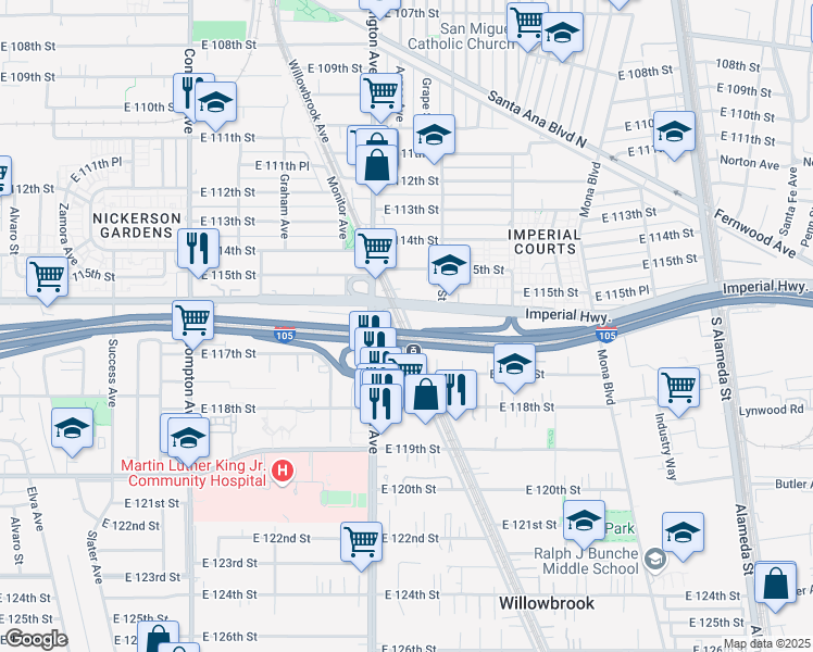 map of restaurants, bars, coffee shops, grocery stores, and more near 11611 Willowbrook Avenue in Los Angeles