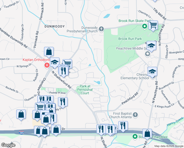 map of restaurants, bars, coffee shops, grocery stores, and more near 2204 Lake Ridge Lane in Dunwoody