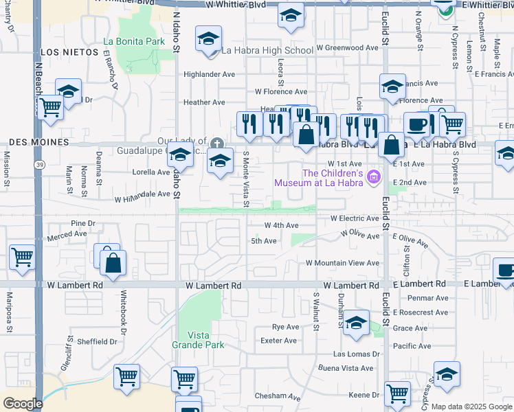 map of restaurants, bars, coffee shops, grocery stores, and more near 352 South Monte Vista Street in La Habra