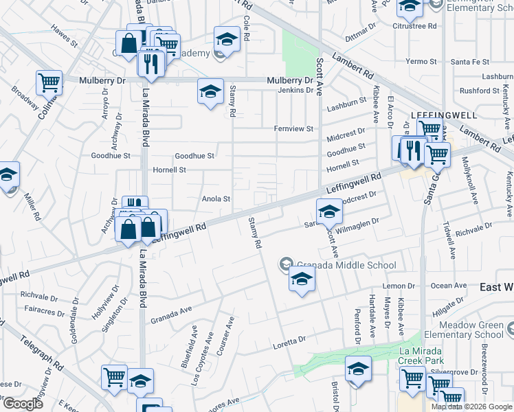 map of restaurants, bars, coffee shops, grocery stores, and more near 15255 Leffingwell Road in Whittier