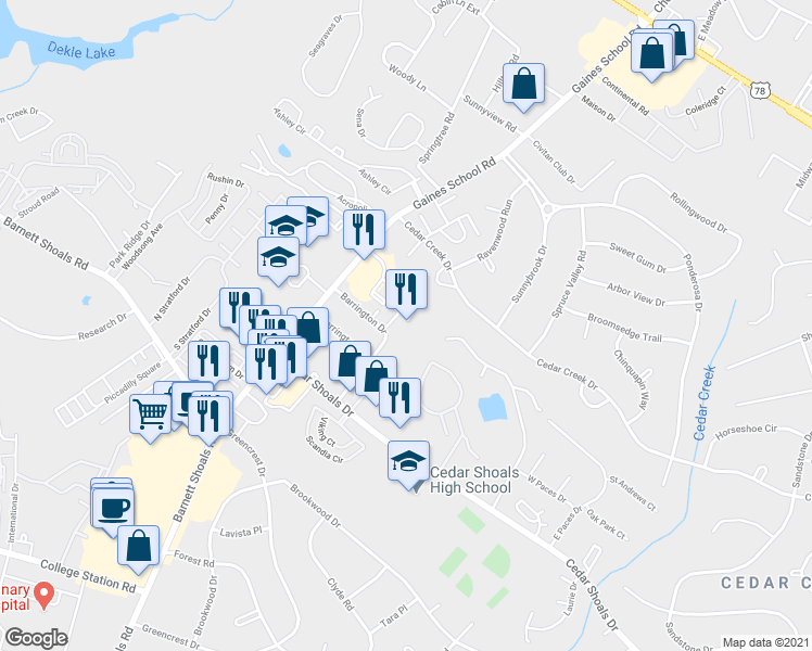 map of restaurants, bars, coffee shops, grocery stores, and more near 825 Gaines School Road in Athens