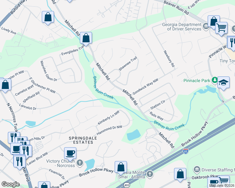 map of restaurants, bars, coffee shops, grocery stores, and more near 2155 Mitchell Road Northwest in Norcross