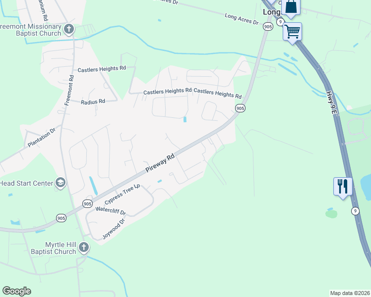 map of restaurants, bars, coffee shops, grocery stores, and more near 467 Pireway Road in Longs