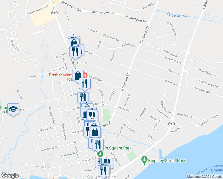 map of restaurants, bars, coffee shops, grocery stores, and more near 815 Memory Lane in Southport