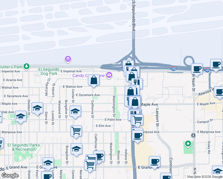 map of restaurants, bars, coffee shops, grocery stores, and more near 851 Washington Street in El Segundo