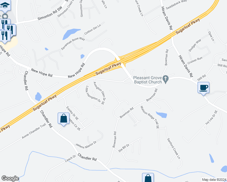 map of restaurants, bars, coffee shops, grocery stores, and more near 1244 Amanda Jill Court in Lawrenceville