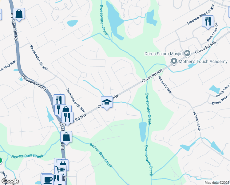 map of restaurants, bars, coffee shops, grocery stores, and more near 3422 Hopi Point in Lawrenceville