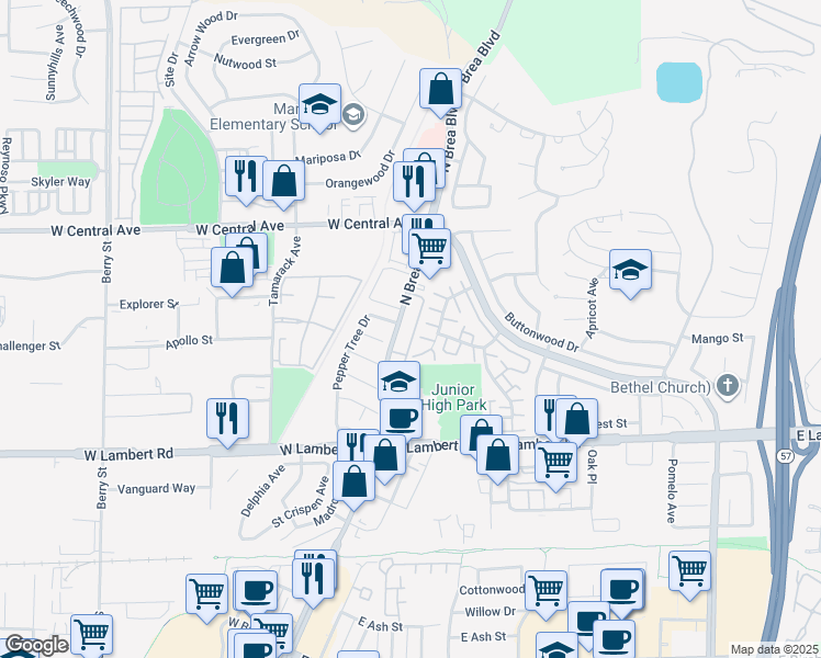 map of restaurants, bars, coffee shops, grocery stores, and more near 600 North Brea Boulevard in Brea