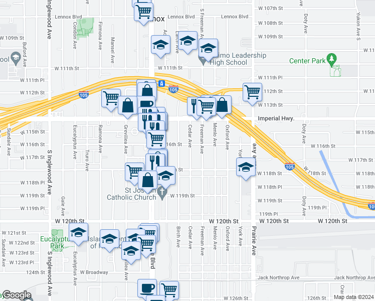 map of restaurants, bars, coffee shops, grocery stores, and more near 11617 Cedar Avenue in Hawthorne