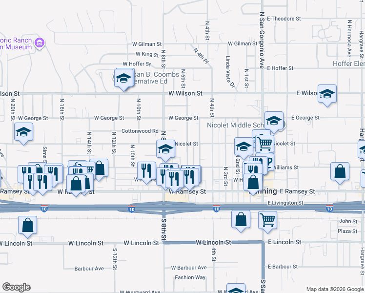 map of restaurants, bars, coffee shops, grocery stores, and more near 640 West Nicolet Street in Banning