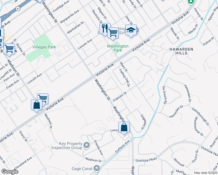 map of restaurants, bars, coffee shops, grocery stores, and more near 7067 Seville Way in Riverside
