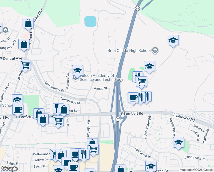 map of restaurants, bars, coffee shops, grocery stores, and more near 871 Mango Street in Brea