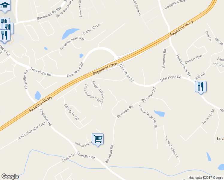 map of restaurants, bars, coffee shops, grocery stores, and more near 1264 Amanda Jill Court in Lawrenceville