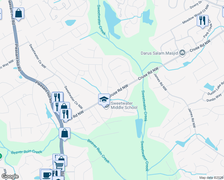 map of restaurants, bars, coffee shops, grocery stores, and more near 3422 Hopi Point in Lawrenceville
