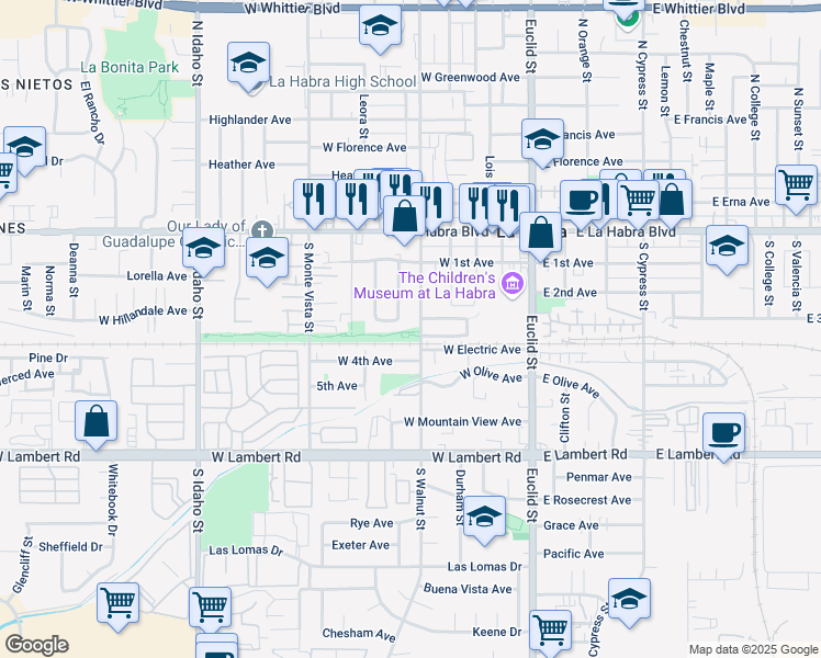 map of restaurants, bars, coffee shops, grocery stores, and more near 300 South Walnut Street in La Habra