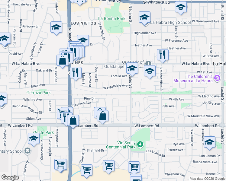 map of restaurants, bars, coffee shops, grocery stores, and more near 1420 West Hillandale Avenue in La Habra