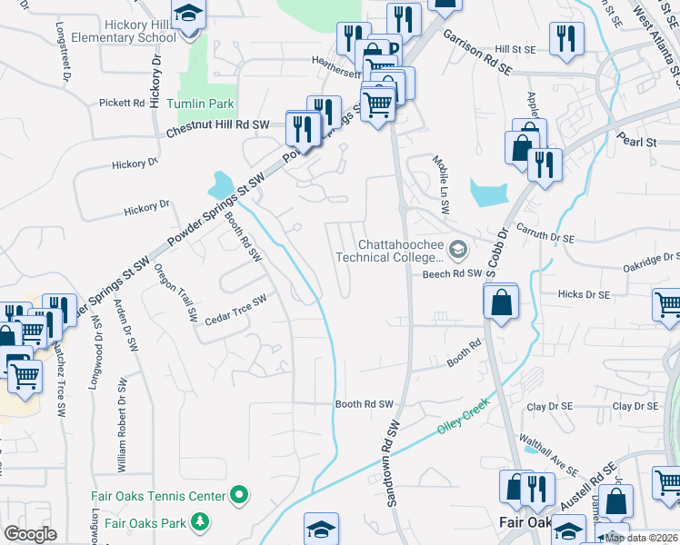 map of restaurants, bars, coffee shops, grocery stores, and more near 750-998 Sourwood Circle Southwest in Marietta