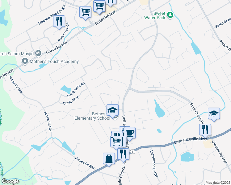 map of restaurants, bars, coffee shops, grocery stores, and more near 535 Sugar Gate Court in Lawrenceville