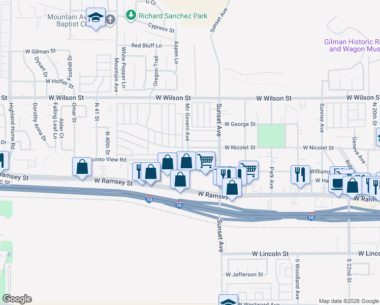 map of restaurants, bars, coffee shops, grocery stores, and more near 3800 West Wilson Street in Banning