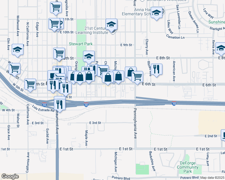 map of restaurants, bars, coffee shops, grocery stores, and more near 536 Chestnut Avenue in Beaumont