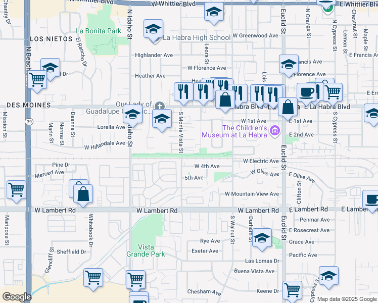 map of restaurants, bars, coffee shops, grocery stores, and more near 352 South Monte Vista Street in La Habra