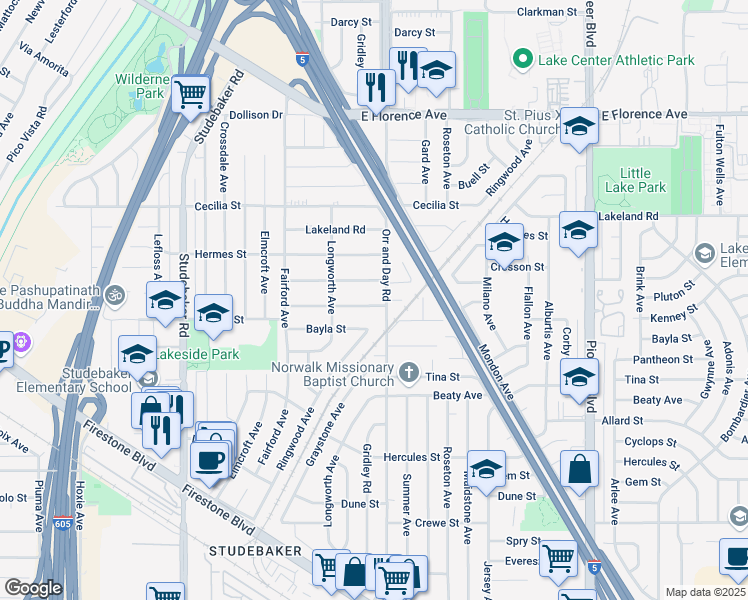 map of restaurants, bars, coffee shops, grocery stores, and more near 11414 Orr and Day Road in Norwalk