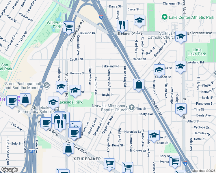 map of restaurants, bars, coffee shops, grocery stores, and more near 11239 Kenney Street in Norwalk