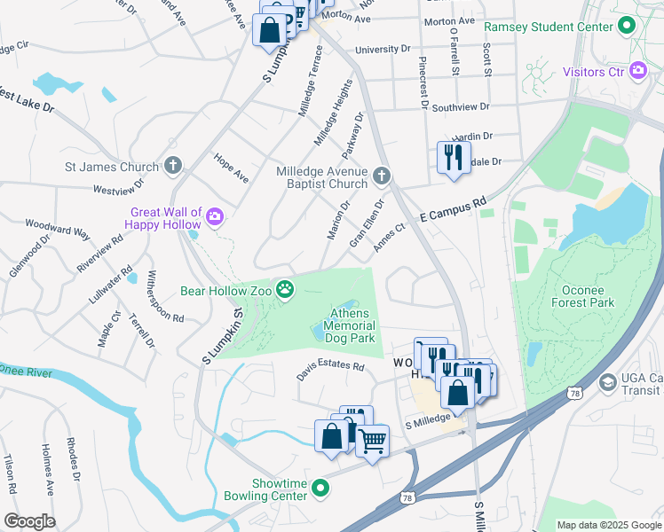 map of restaurants, bars, coffee shops, grocery stores, and more near 286 Gran Ellen Drive in Athens