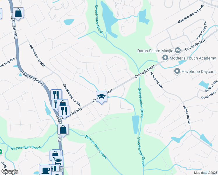 map of restaurants, bars, coffee shops, grocery stores, and more near 3422 Hopi Point in Lawrenceville