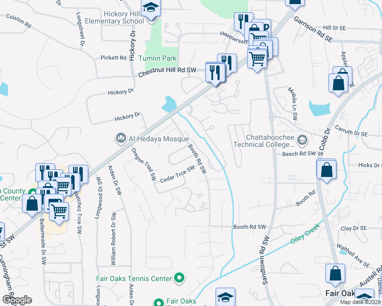 map of restaurants, bars, coffee shops, grocery stores, and more near 441 Booth Circle Southwest in Marietta