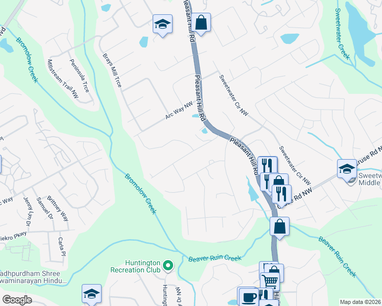 map of restaurants, bars, coffee shops, grocery stores, and more near 3766 Green Bay Dr NW in Lawrenceville