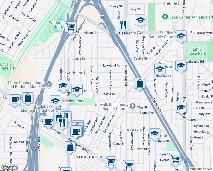 map of restaurants, bars, coffee shops, grocery stores, and more near 11239 Kenney Street in Norwalk