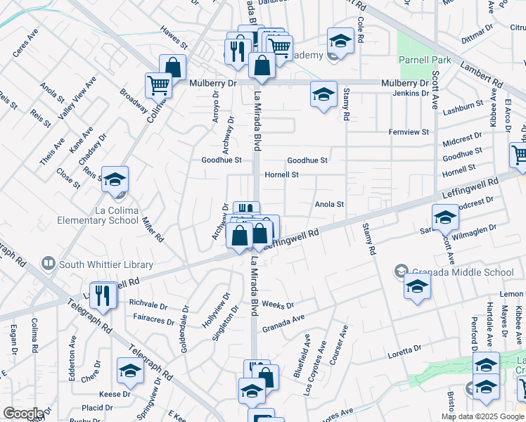 map of restaurants, bars, coffee shops, grocery stores, and more near 11240 La Mirada Boulevard in Whittier