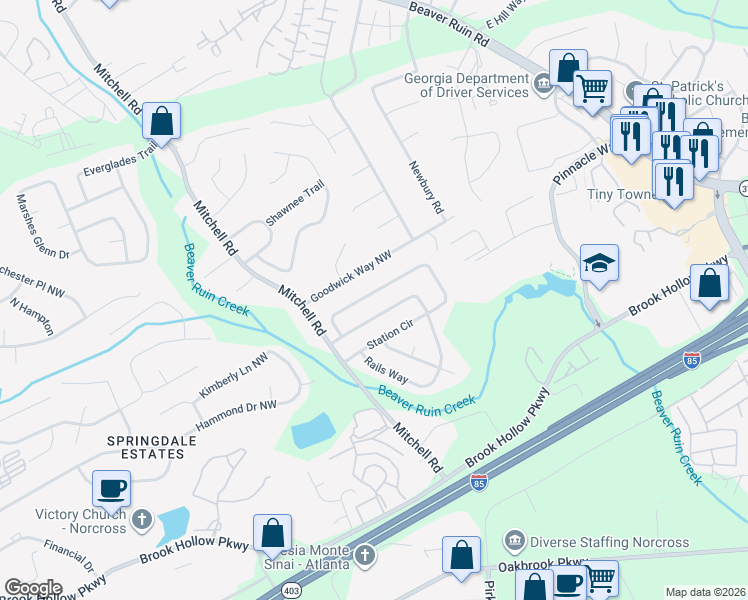 map of restaurants, bars, coffee shops, grocery stores, and more near 5111 Station Cir in Norcross