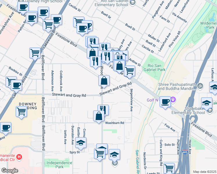 map of restaurants, bars, coffee shops, grocery stores, and more near 9505 Stewart and Gray Rd in Downey