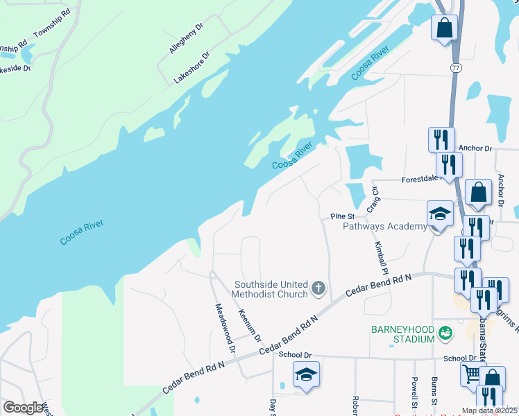 map of restaurants, bars, coffee shops, grocery stores, and more near 2202 Summerchase Drive in Gadsden