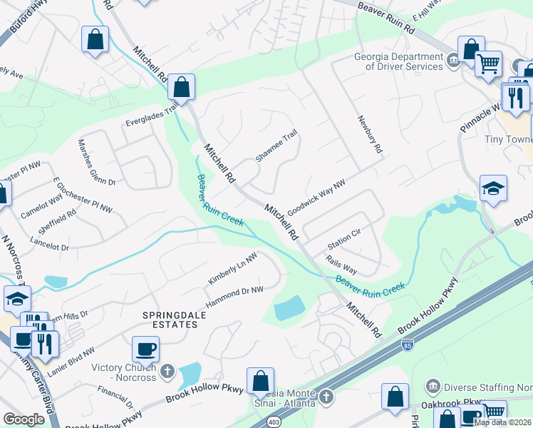 map of restaurants, bars, coffee shops, grocery stores, and more near 2135 Mitchell Road in Norcross