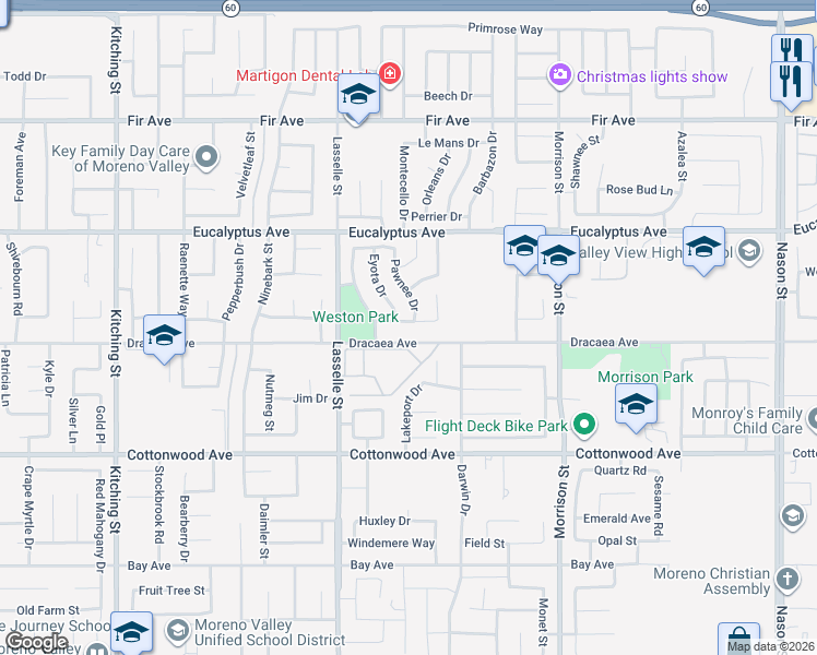 map of restaurants, bars, coffee shops, grocery stores, and more near 26159 Oshua Drive in Moreno Valley
